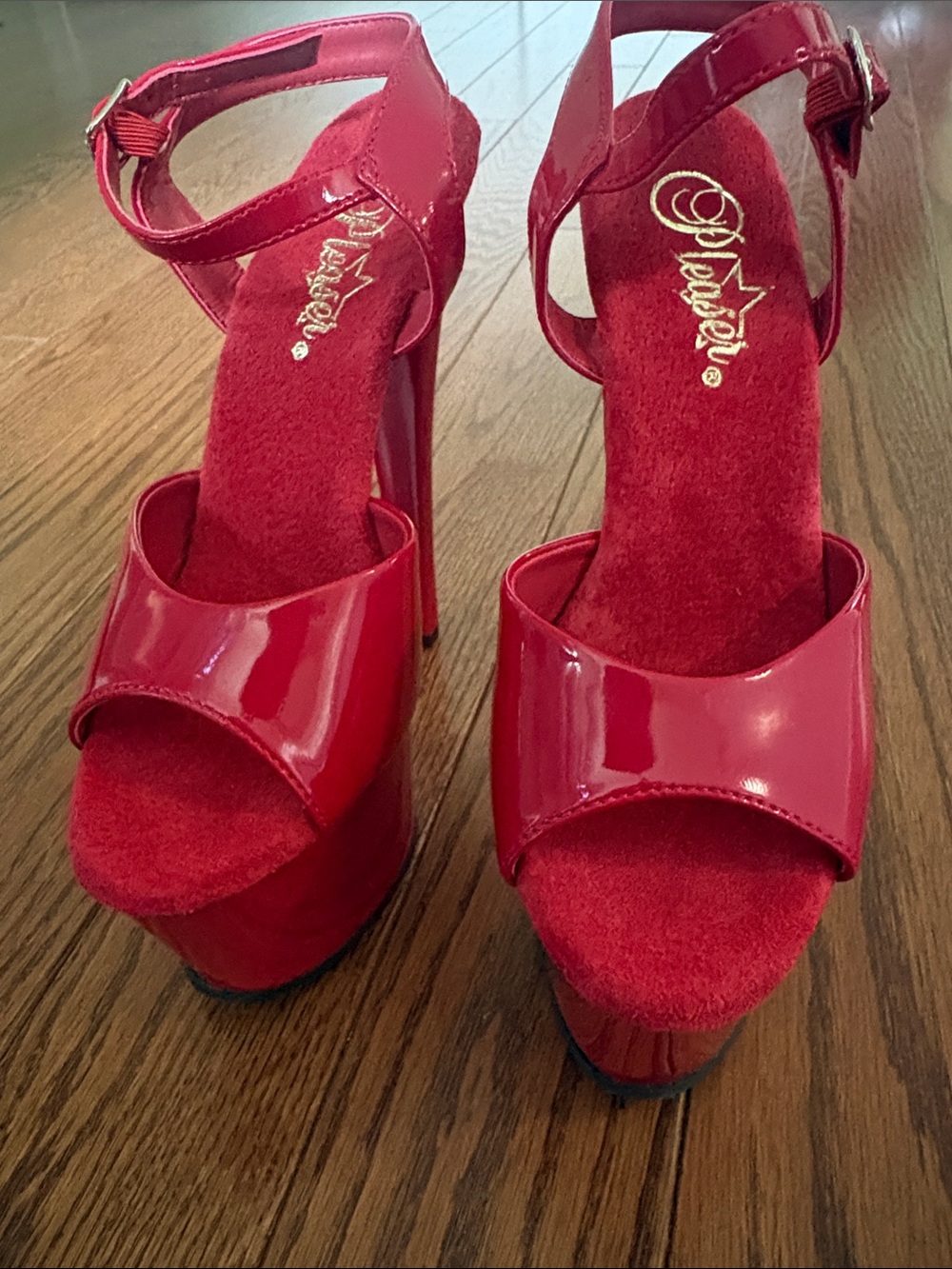 Pleaser Red Patent Platform Ankle-Strap Heels - Picture 6 of 7